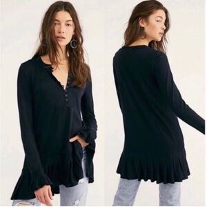 Free People Your Girl Top MINI Dress Black Thermal Tunic Ruffle Peplum BOHO S